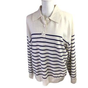 Paris Atelier & Other Stories Wool Sweater Striped Button Henley Large Ivory